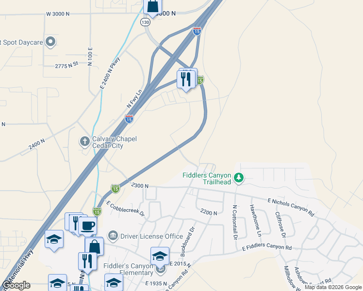 map of restaurants, bars, coffee shops, grocery stores, and more near 3000 North Main Street in Cedar City