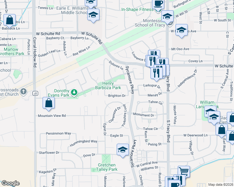 map of restaurants, bars, coffee shops, grocery stores, and more near 1191 Saratoga Court in Tracy