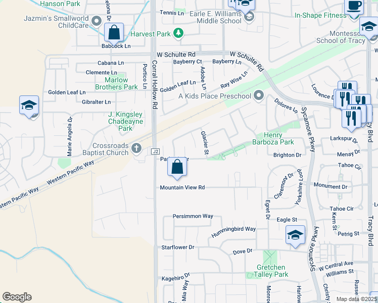 map of restaurants, bars, coffee shops, grocery stores, and more near 911 Lassen Court in Tracy