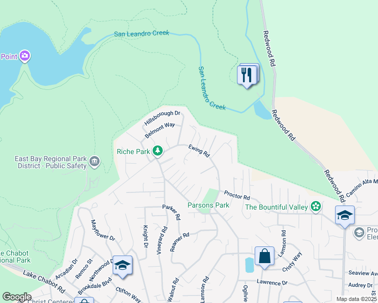 map of restaurants, bars, coffee shops, grocery stores, and more near 4593 Ewing Road in Castro Valley
