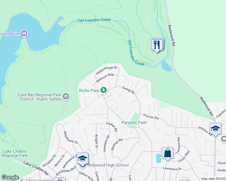map of restaurants, bars, coffee shops, grocery stores, and more near 4537 Ewing Road in Castro Valley