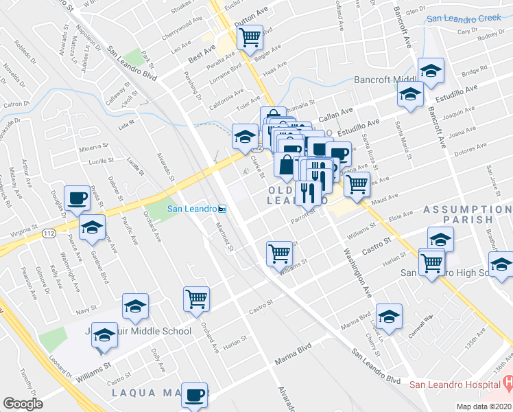 map of restaurants, bars, coffee shops, grocery stores, and more near 1412 Carpentier Street in San Leandro