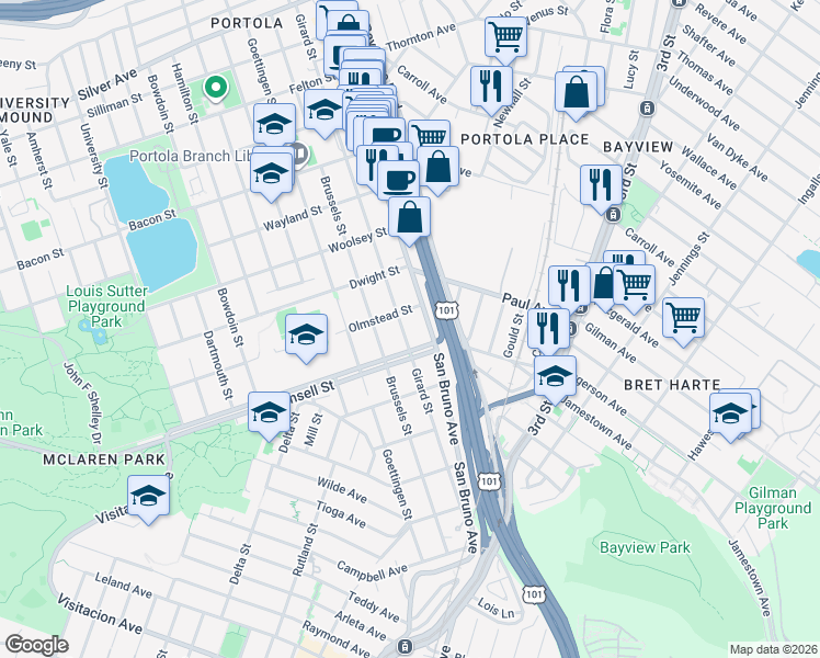 map of restaurants, bars, coffee shops, grocery stores, and more near 3166 San Bruno Avenue in San Francisco