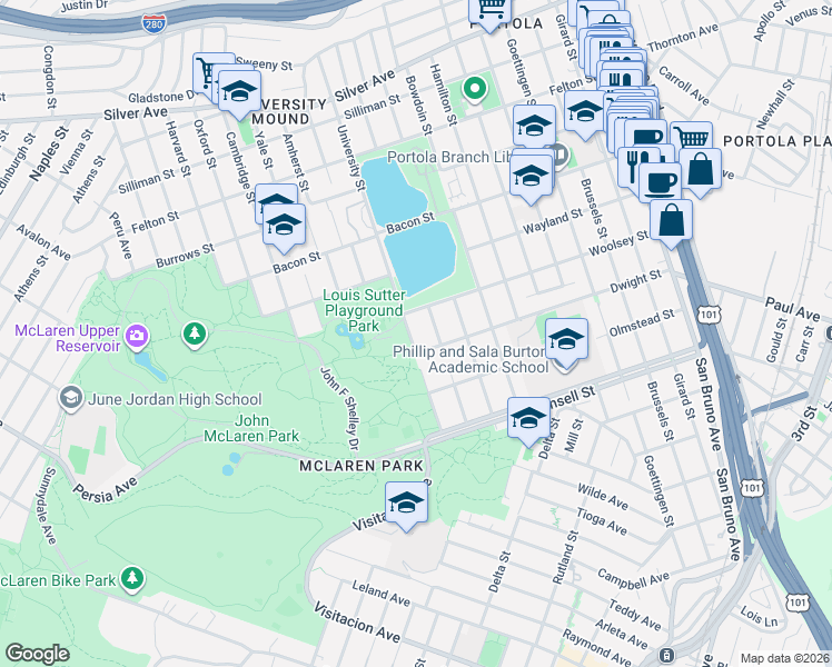 map of restaurants, bars, coffee shops, grocery stores, and more near 656 Colby Street in San Francisco