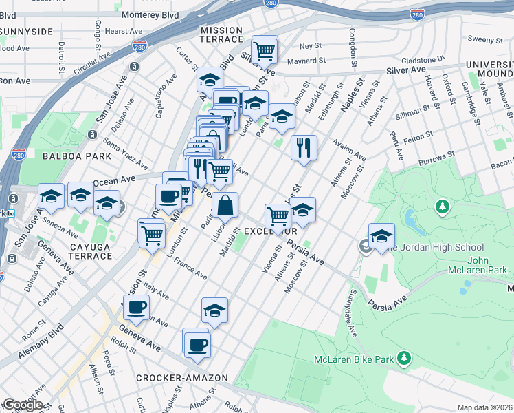map of restaurants, bars, coffee shops, grocery stores, and more near 446 Edinburgh Street in San Francisco