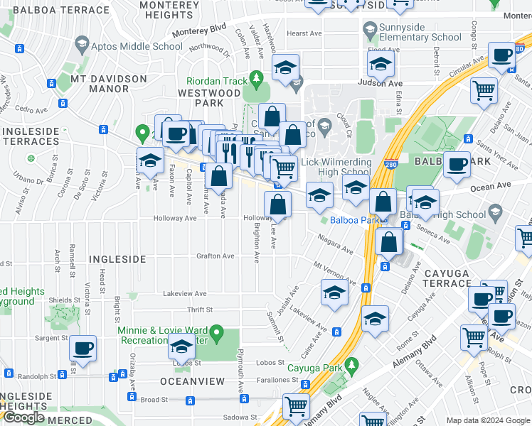 map of restaurants, bars, coffee shops, grocery stores, and more near 206 Lee Avenue in San Francisco