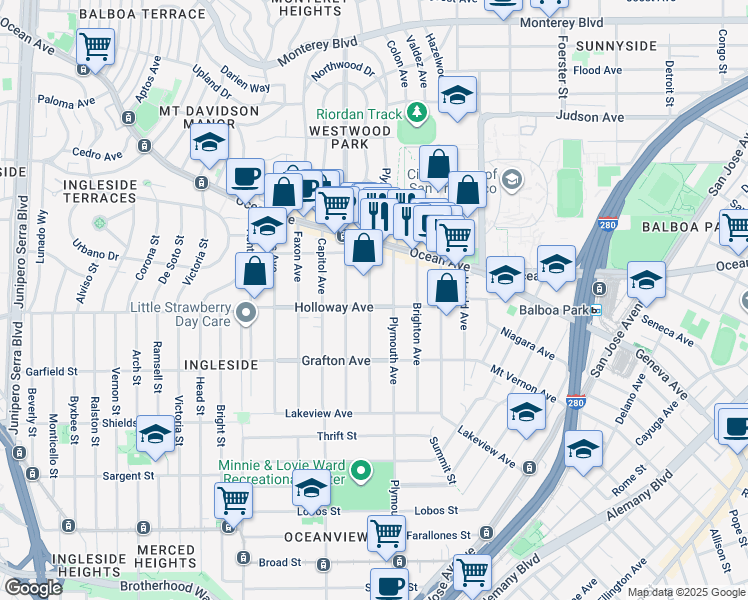 map of restaurants, bars, coffee shops, grocery stores, and more near 344 Holloway Avenue in San Francisco