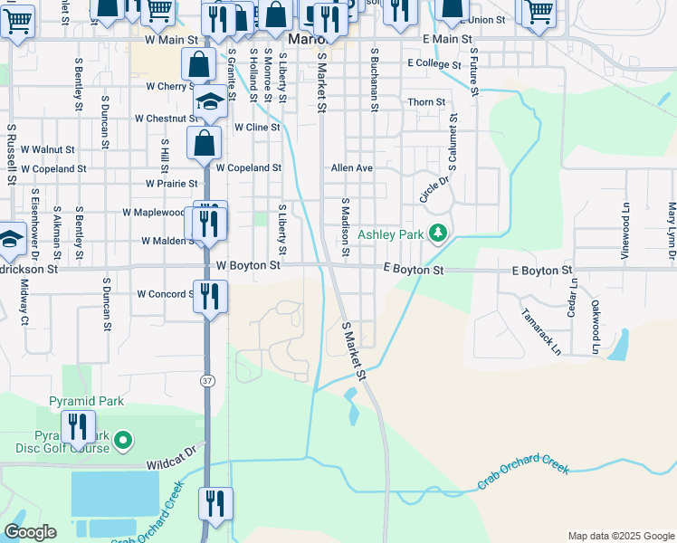 map of restaurants, bars, coffee shops, grocery stores, and more near 203 East Boyton Street in Marion