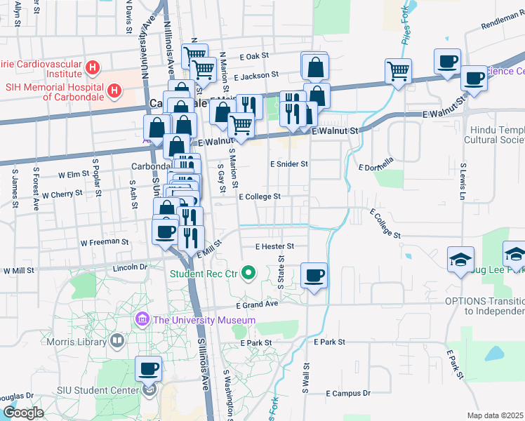 map of restaurants, bars, coffee shops, grocery stores, and more near 606 South Logan Avenue in Carbondale