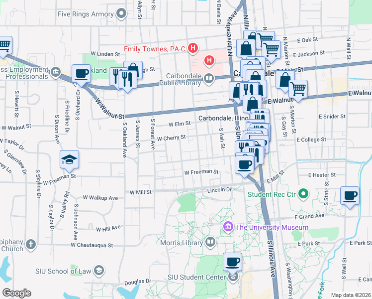 map of restaurants, bars, coffee shops, grocery stores, and more near 511 South Rawlings Street in Carbondale