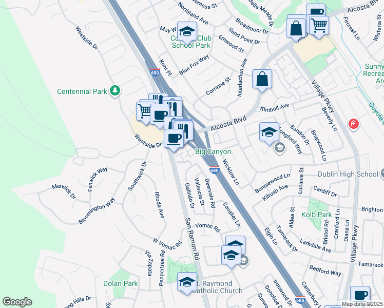 map of restaurants, bars, coffee shops, grocery stores, and more near 8831 Oliver Place in Dublin