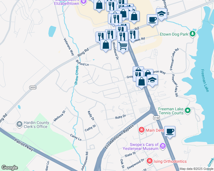 map of restaurants, bars, coffee shops, grocery stores, and more near 498-400 Ponderosa Drive in Elizabethtown