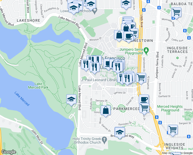 map of restaurants, bars, coffee shops, grocery stores, and more near 700 Font Boulevard in San Francisco