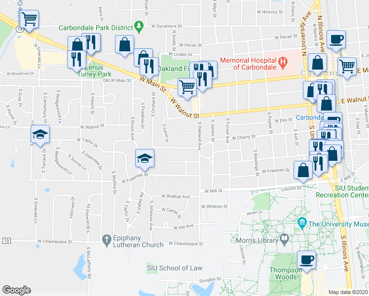 map of restaurants, bars, coffee shops, grocery stores, and more near 1206 West Schwartz Street in Carbondale