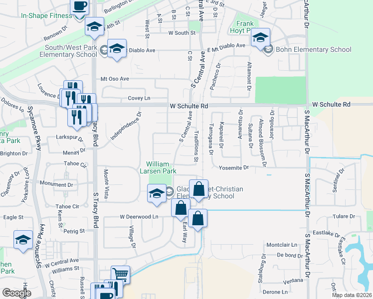 map of restaurants, bars, coffee shops, grocery stores, and more near 56 Lavender Court in Tracy