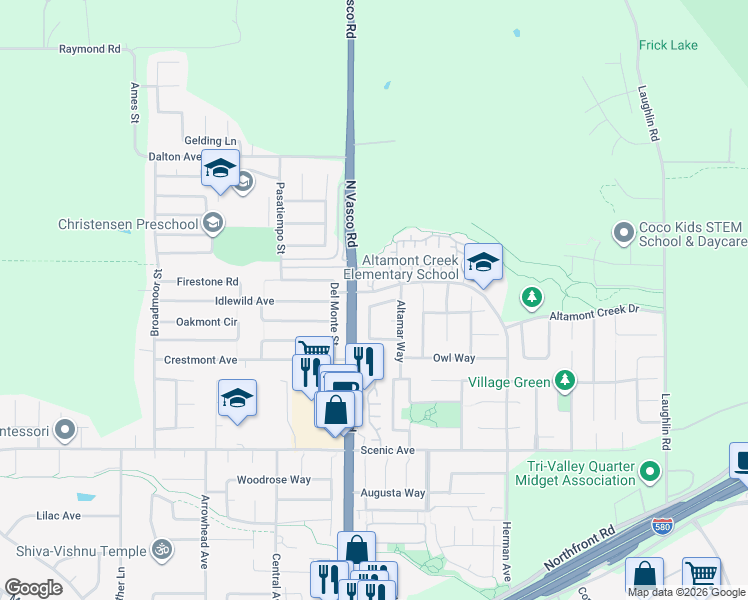map of restaurants, bars, coffee shops, grocery stores, and more near 6424 Altamar Circle in Livermore