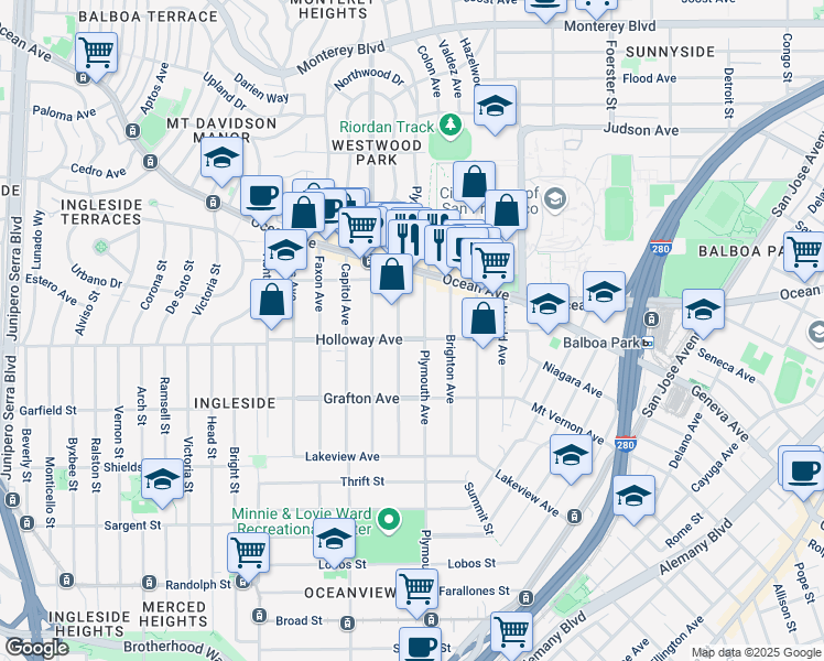 map of restaurants, bars, coffee shops, grocery stores, and more near 324 Holloway Avenue in San Francisco
