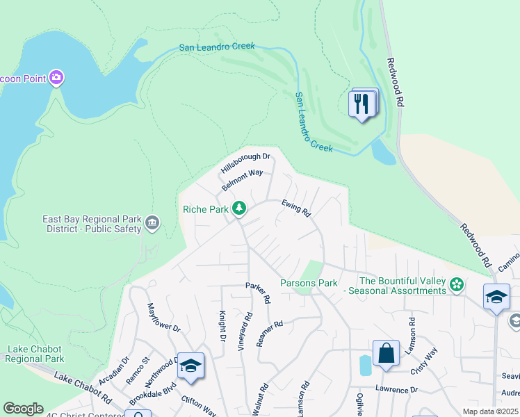 map of restaurants, bars, coffee shops, grocery stores, and more near 4515 Ewing Road in Castro Valley