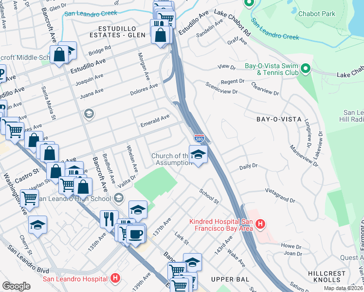 map of restaurants, bars, coffee shops, grocery stores, and more near 931 Kenyon Avenue in San Leandro