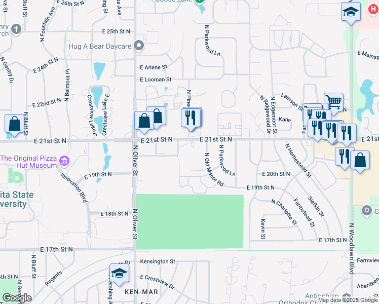 map of restaurants, bars, coffee shops, grocery stores, and more near 5111 East 21st Street North in Wichita