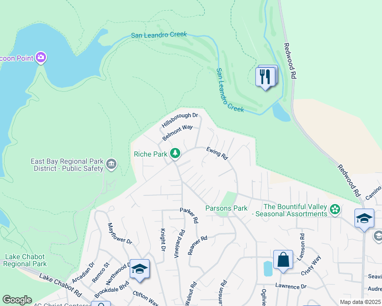 map of restaurants, bars, coffee shops, grocery stores, and more near 4515 Ewing Road in Castro Valley