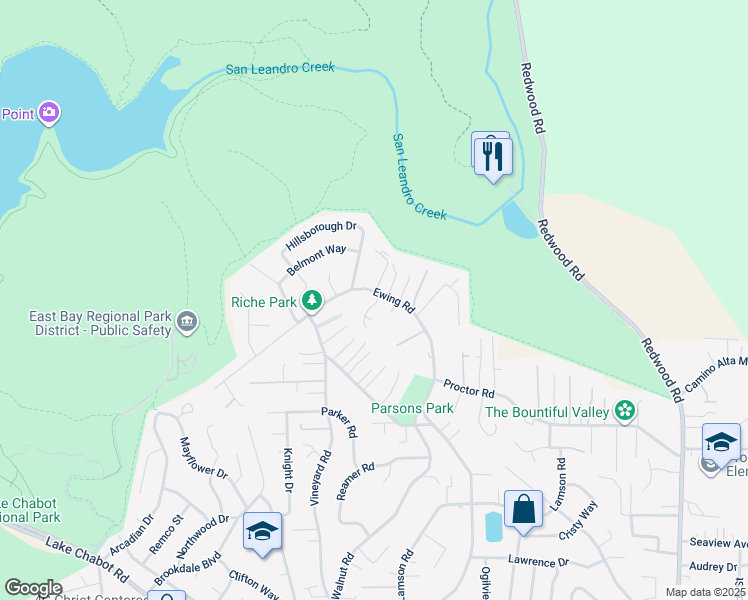map of restaurants, bars, coffee shops, grocery stores, and more near 4593 Ewing Road in Castro Valley