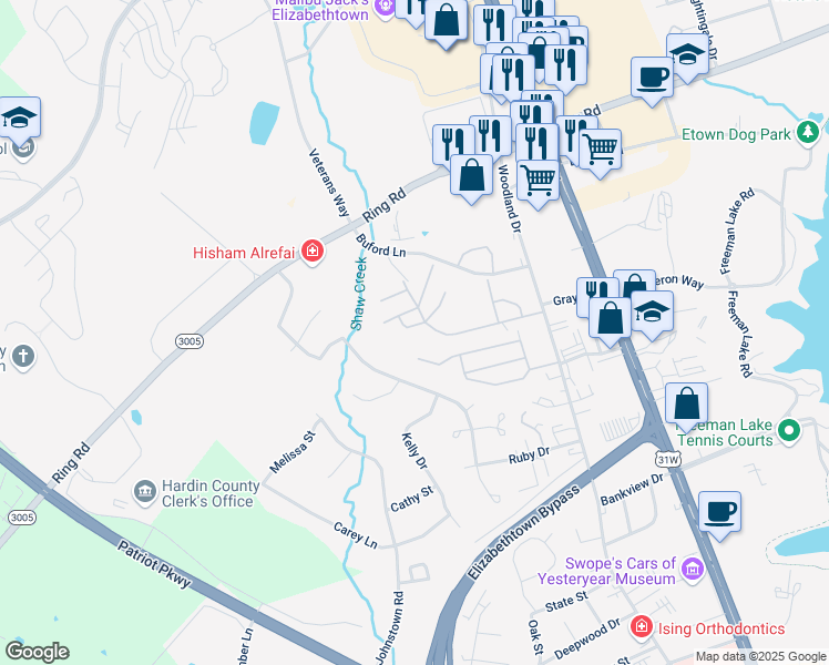 map of restaurants, bars, coffee shops, grocery stores, and more near 400-498 Ponderosa Drive in Elizabethtown