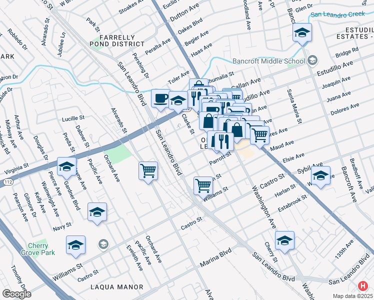 map of restaurants, bars, coffee shops, grocery stores, and more near 1412 Carpentier Street in San Leandro