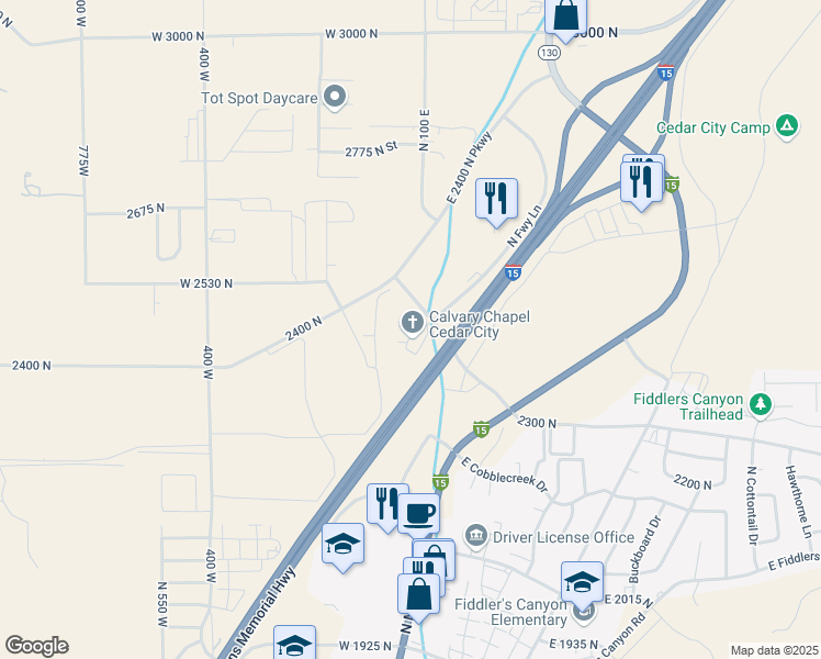 map of restaurants, bars, coffee shops, grocery stores, and more near 101 East Nichols Canyon Road in Cedar City