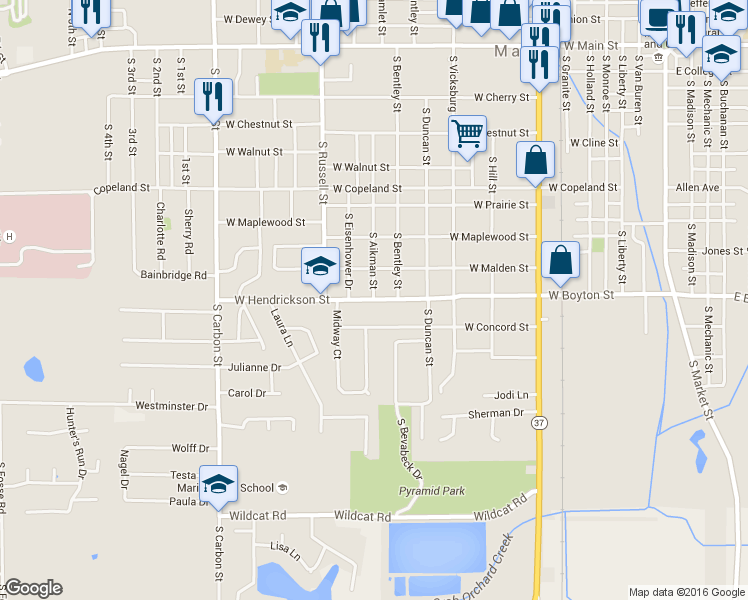 map of restaurants, bars, coffee shops, grocery stores, and more near 1299 West Hendrickson Street in Marion
