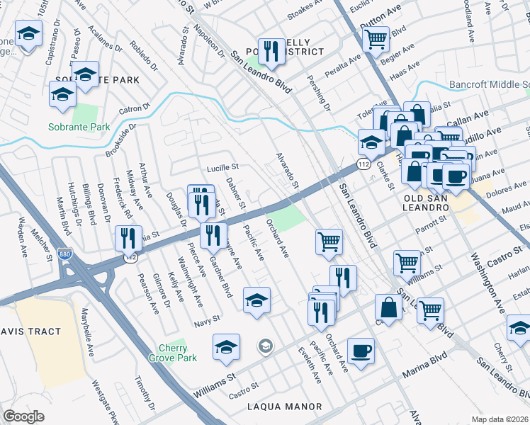 map of restaurants, bars, coffee shops, grocery stores, and more near Davis Street & Orchard Avenue in San Leandro