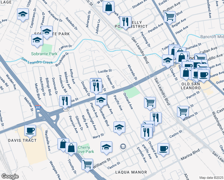 map of restaurants, bars, coffee shops, grocery stores, and more near 1080 California 112 in San Leandro