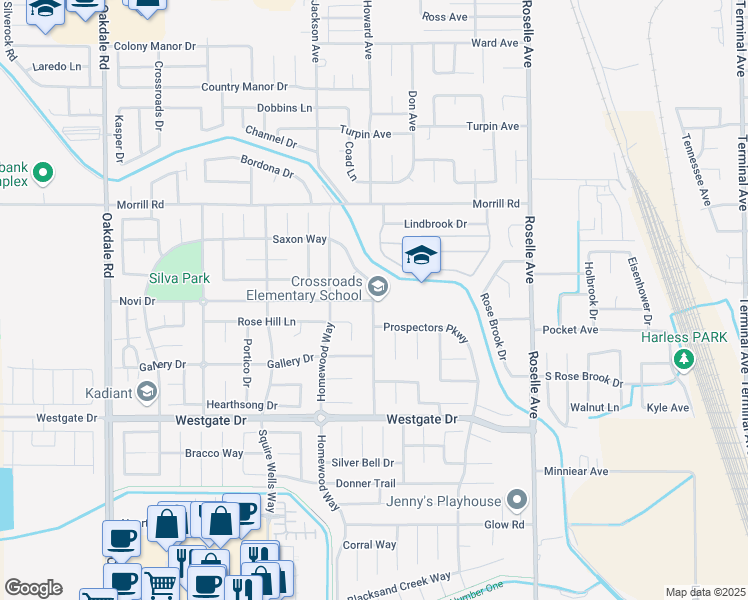 map of restaurants, bars, coffee shops, grocery stores, and more near 5800 Saxon Way in Riverbank