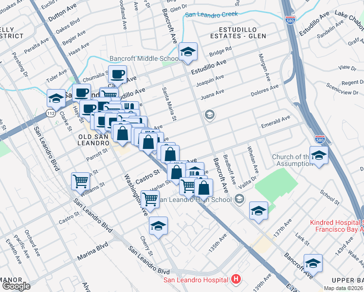 map of restaurants, bars, coffee shops, grocery stores, and more near 428 Elsie Avenue in San Leandro