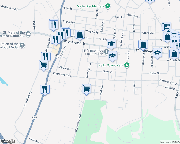 map of restaurants, bars, coffee shops, grocery stores, and more near 312 Zeno Street in Perryville