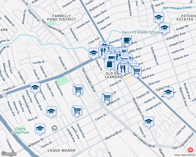 map of restaurants, bars, coffee shops, grocery stores, and more near 1412 Carpentier Street in San Leandro