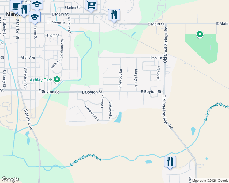 map of restaurants, bars, coffee shops, grocery stores, and more near 1101-1299 East Boyton Street in Marion