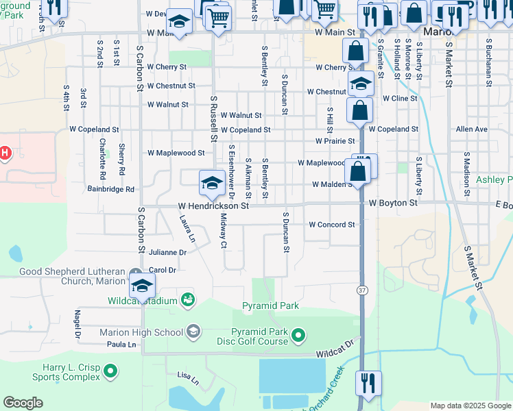 map of restaurants, bars, coffee shops, grocery stores, and more near 1201-1299 West Hendrickson Street in Marion