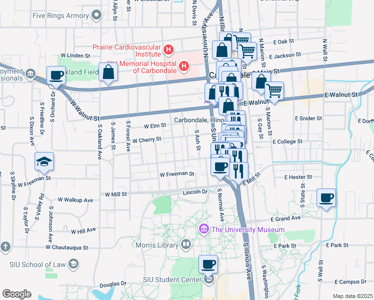 map of restaurants, bars, coffee shops, grocery stores, and more near 513 South Beveridge Street in Carbondale