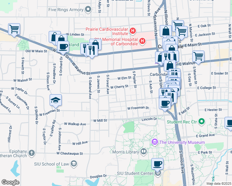 map of restaurants, bars, coffee shops, grocery stores, and more near 510 South Hays Avenue in Carbondale