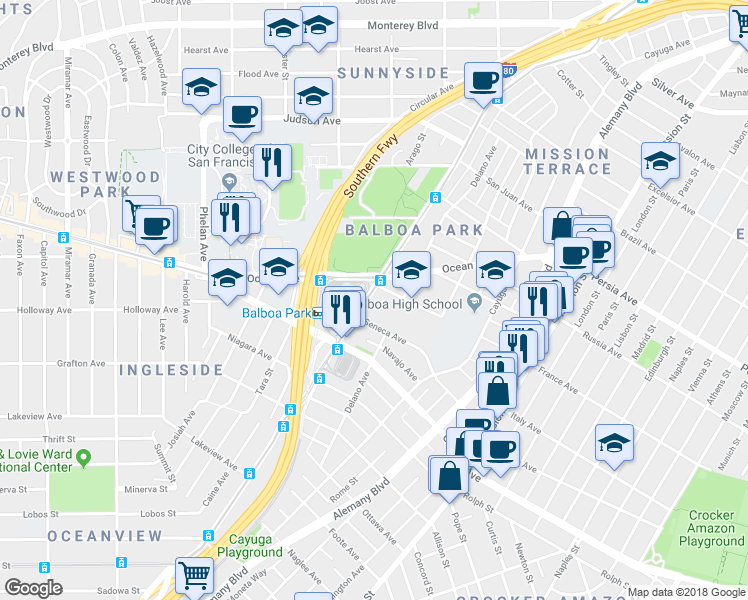 map of restaurants, bars, coffee shops, grocery stores, and more near 2133 San Jose Avenue in San Francisco
