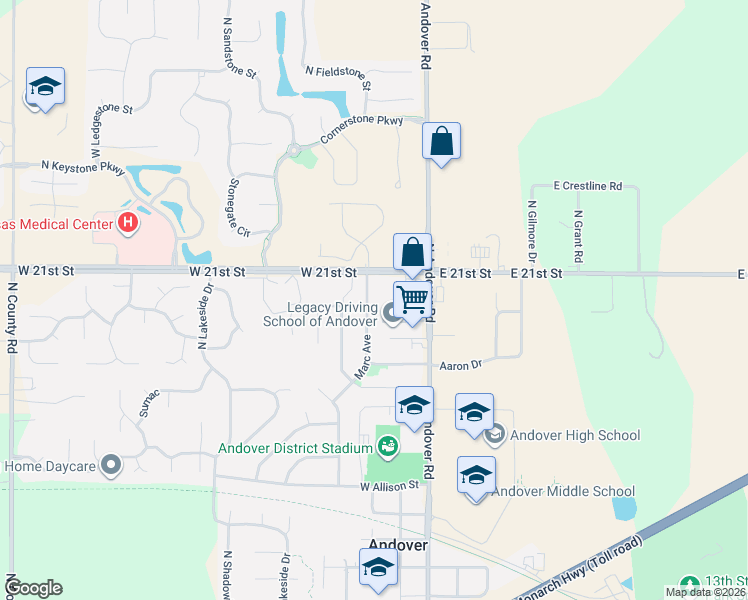 map of restaurants, bars, coffee shops, grocery stores, and more near 2018 Marc Avenue in Andover