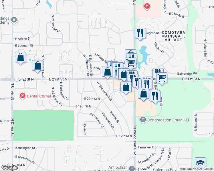 map of restaurants, bars, coffee shops, grocery stores, and more near 2120 North Farmstead Street in Wichita