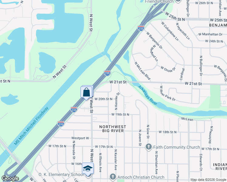 map of restaurants, bars, coffee shops, grocery stores, and more near 2113 N Kessler St in Wichita