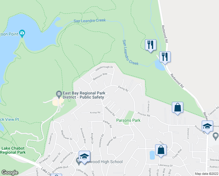 map of restaurants, bars, coffee shops, grocery stores, and more near 4537 Ewing Road in Castro Valley