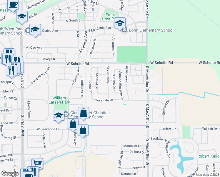 map of restaurants, bars, coffee shops, grocery stores, and more near 1110 Amaretto Drive in Tracy