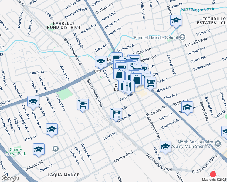 map of restaurants, bars, coffee shops, grocery stores, and more near 1400 Carpentier Street in San Leandro