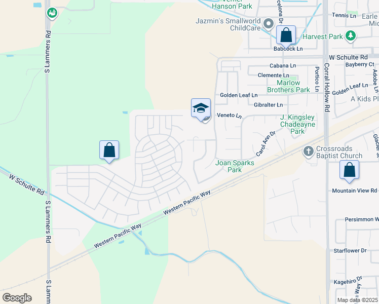 map of restaurants, bars, coffee shops, grocery stores, and more near 789 Sparrow Court in Tracy