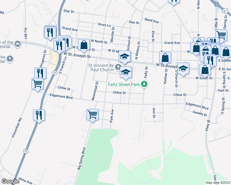 map of restaurants, bars, coffee shops, grocery stores, and more near 1037 Chloe Street in Perryville