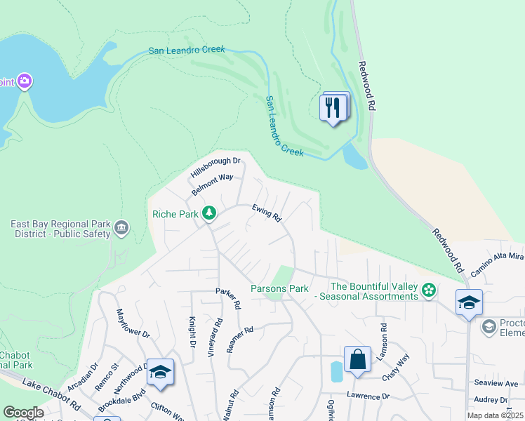 map of restaurants, bars, coffee shops, grocery stores, and more near Ewing Road in Castro Valley